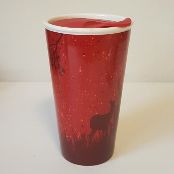 Tim Hortons 2017 Travel Mug Lidded Tumbler Deer Elk Trees Winter Holiday Red - Picture 9 of 16